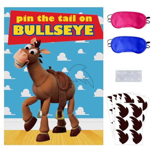 OULUN Toy Inspired Stories Party Supplies Pin The Tail on The Bullseye Party Game Large Poster 24PCS Reusable Tail Stickers for Kids Boys Birthday Party Toys 4th Party Favors - Image 1
