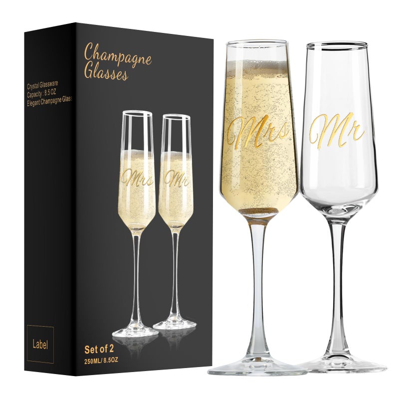 PARACITY Mr and Mrs Wedding Champagne Flutes Set of 2 Bride and Groom Champagne Glasses Bridal Shower Gifts Engagement Gift 85oz250ml