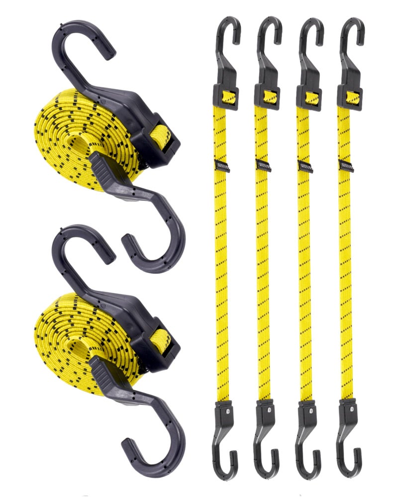 LuckyStraps 6 Pcs 48 Inch Flat Adjustable Bungee Cords with Hooks, 3X Faster to Adjust The Length, Lucky Straps Black/Yellow Heavy Duty Bungee Straps for Cargo, Bike, Cart, Tent, Truck, Camping, Outdoor, etc - Image 1
