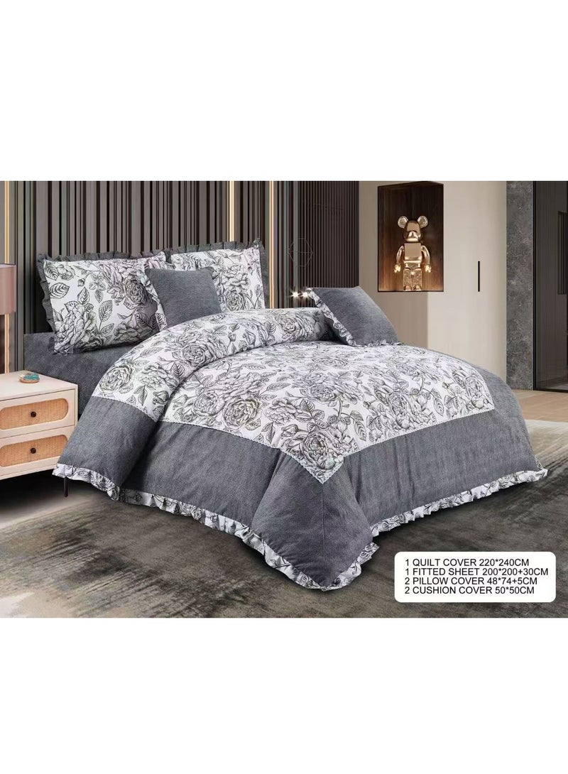 100% Cotton Floral Printed Soft Duvet Cover Ruffle Bedding Set 6 Pieces King Size