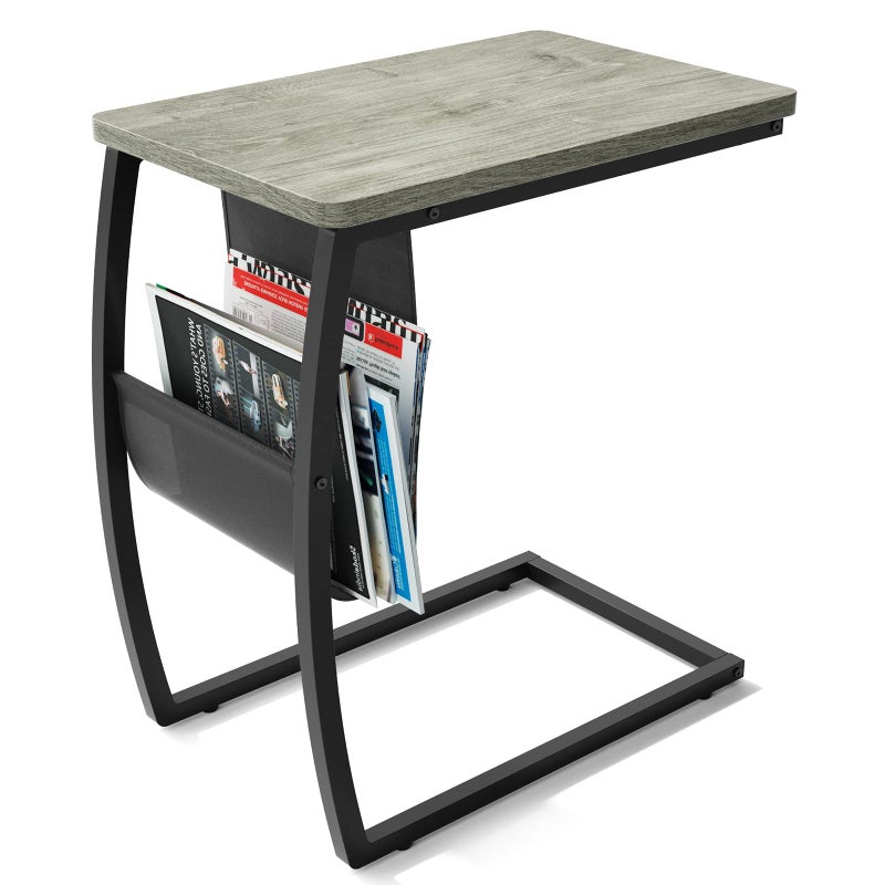 SRIWATANA Side End Tables Living Room Vintage CShaped Laptop Table for Couch Snack Table with Side Pocket Light Grey