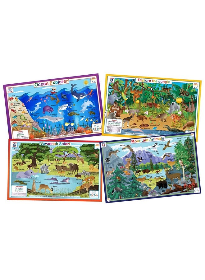 Tot Talk Educational Kids Placemats Animals Nature Of 4 Table Mats: Ocean Jungle Savanna Mountain Animals Reversible Activities Waterproof Washable Wipeable Durable Doublesided - Image 1