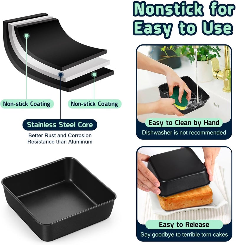 P&P CHEF Square Cake Pan, Nonstick Square Baking Pan for Cake Brownie Lasagna, Stainless Steel Core for Sturdy Structure, Non-toxic & Oven Safe, Black (6 Inch) - Image 3