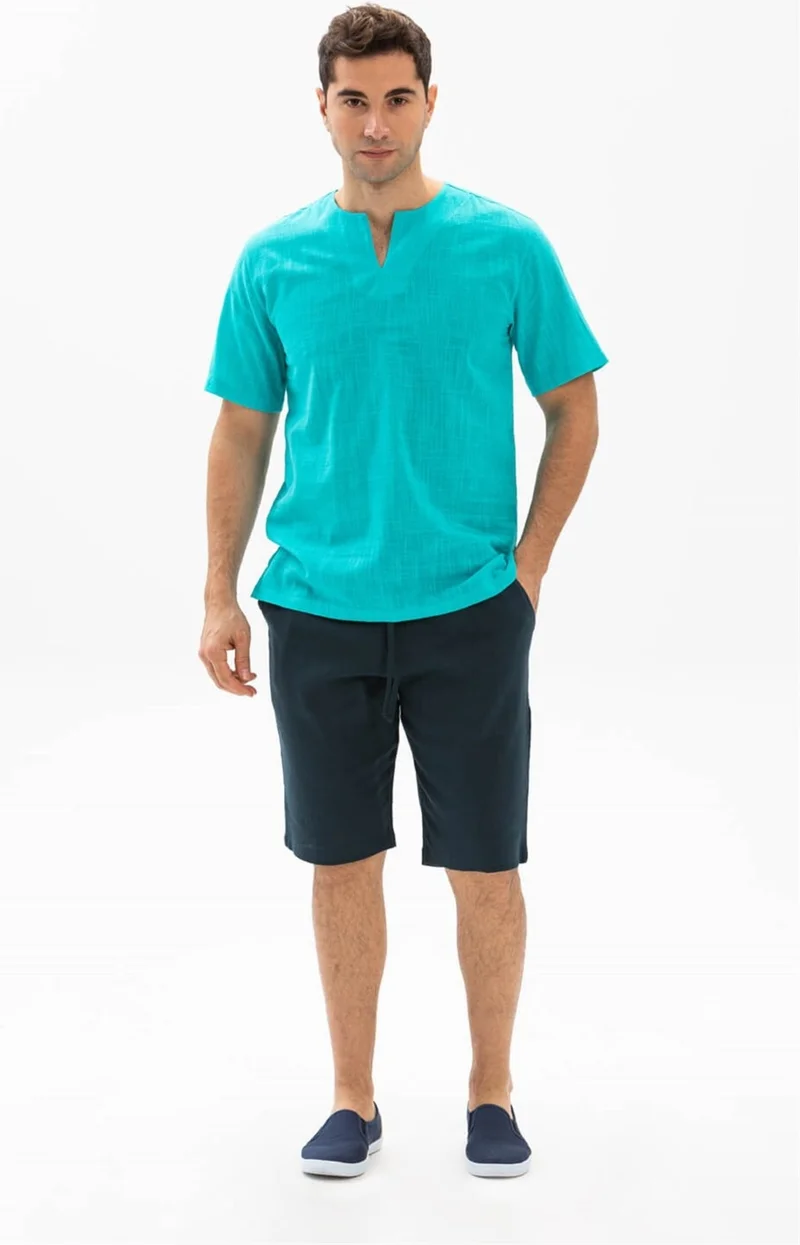 Eliş Şile Bezi Eliş Şile Cloth Short Sleeve Şile Cloth Cycling Collar Men's T-Shirt Turquoise