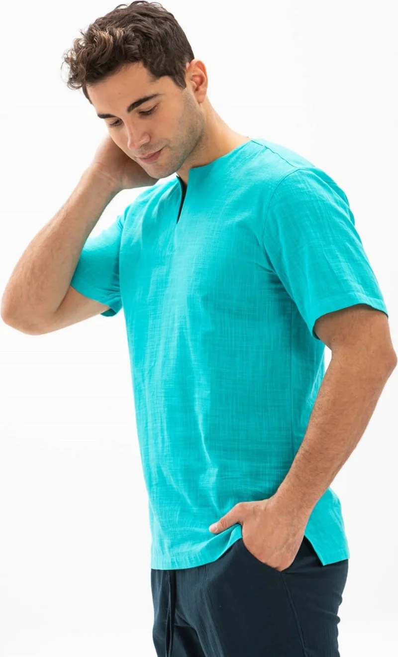 Eliş Şile Bezi Eliş Şile Cloth Short Sleeve Şile Cloth Cycling Collar Men's T-Shirt Turquoise