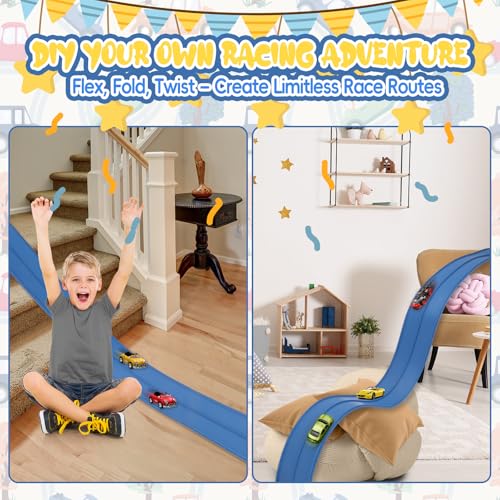 Quini 15 Ft Flexible Race Track for Kids Hot Wheels Matchbox Car TrackCar Launcher Rolls Up Portable Race Track Suction Cups Compatible Diecast 150th Toy Cars Cobalt Blue - Image 5