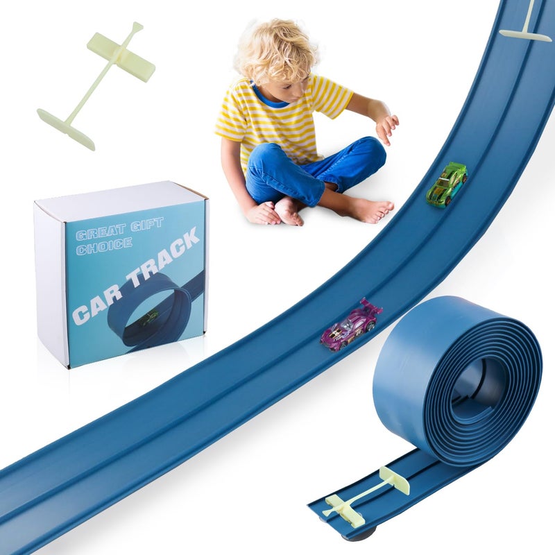 Quini 15 Ft Flexible Race Track for Kids Hot Wheels Matchbox Car TrackCar Launcher Rolls Up Portable Race Track Suction Cups Compatible Diecast 150th Toy Cars Cobalt Blue - Image 3