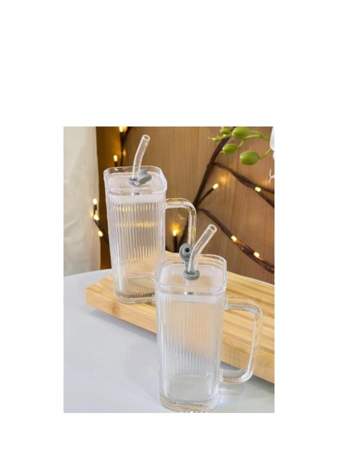 OASIS-TH 2 Packs 250ml Transparent Square Glass Cup With Lid and Straw Iced Coffee Mug Cold Drink Cup Glasses For Juice Milk Straw Cups Drinkware - Image 2