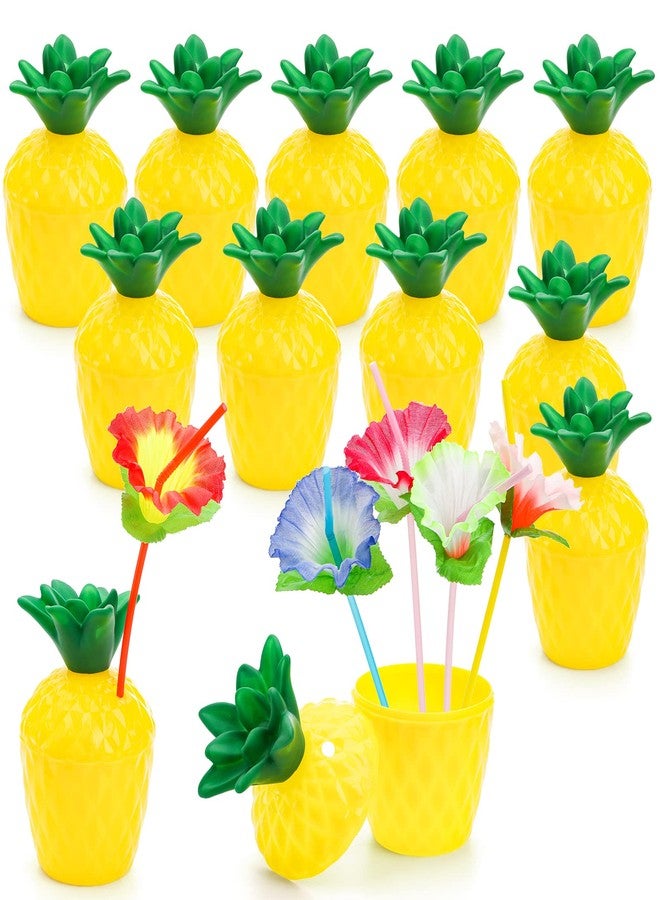 Cedilis 12 Pack Plastic Pineapple Cups with Lids and Straws, Hawaiian Luau Party Cups, Tiki Cups for Hawaiian Party Favor Decorations, 10oz - Image 1