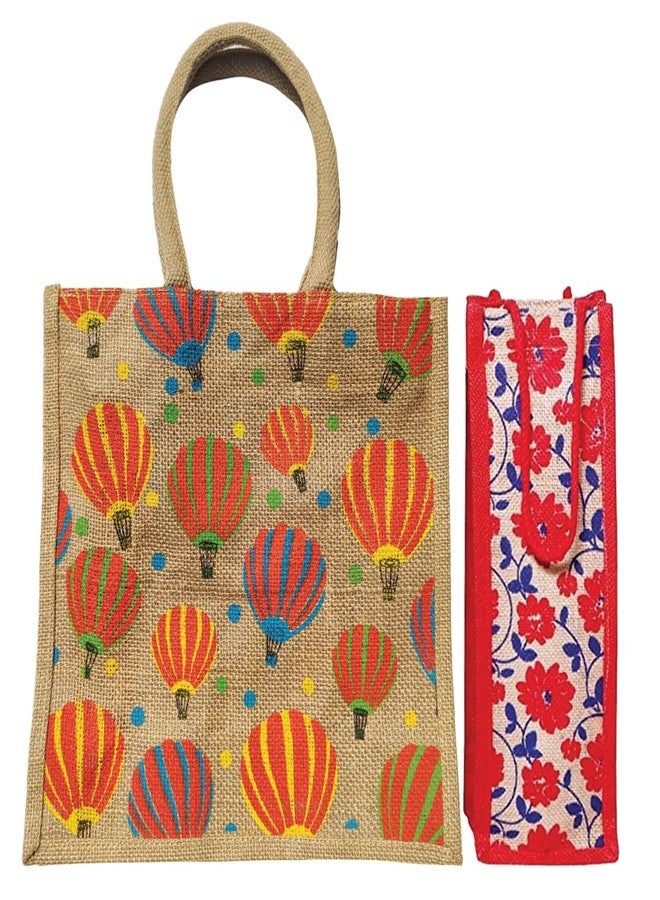 FLIHAUT Eco-Friendly Reusable Pack of 2 Unisex Printed Multipurpose Grocery, Shopping, Daily use Lunch Tiffin, Zipper Parachute Print Jute Bag 12" L x 6" W x 14" H & Bottle Cover-15 H x 5 "L x 4" W - Image 1