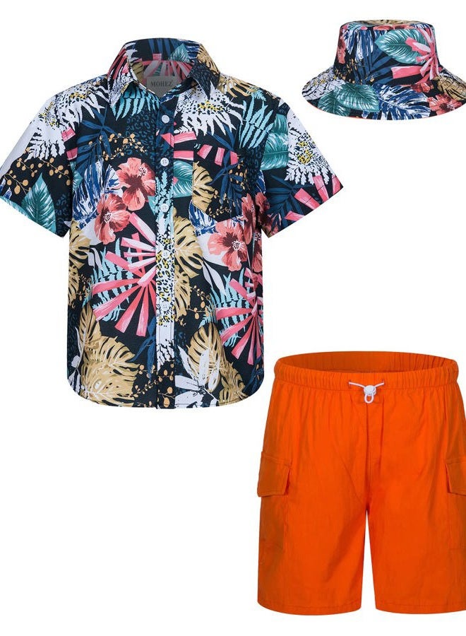 MOHEZ Boys Hawaiian Shirt and Short Set Summer Outfit Kids 2 Piece Clothes Button Down Printed Shirts Set with Bucket Hat Navy 11-12 Years Old - Image 1