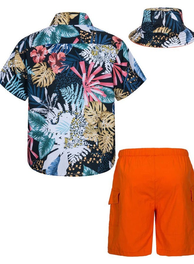 MOHEZ Boys Hawaiian Shirt and Short Set Summer Outfit Kids 2 Piece Clothes Button Down Printed Shirts Set with Bucket Hat Navy 11-12 Years Old - Image 2