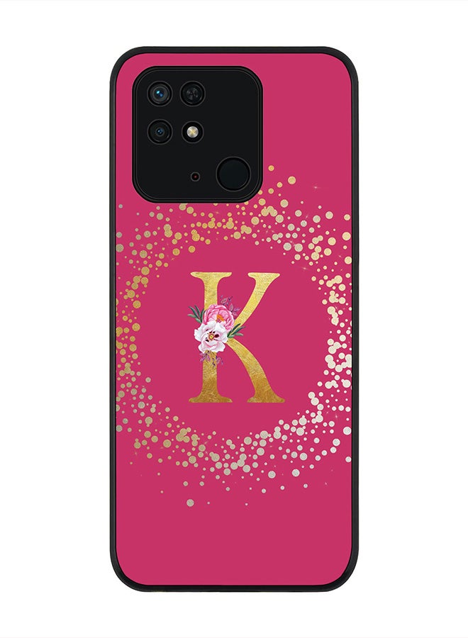 Stylizedd Rugged Black Edge Case for Redmi 10C 4G , Slim fit Rubber Edges Thin Cover -  Custom Monogram Initial Letter Floral Pattern Alphabet - K (Dark Pink Rose) - Image 1