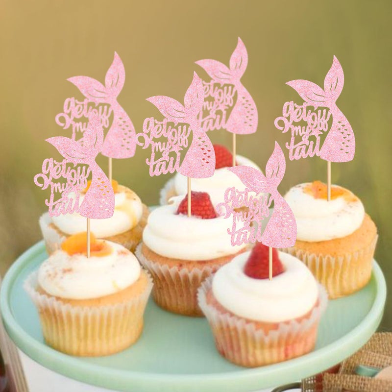 Ercadio 24Pcs Glitter Pink Mermaid Tail Cupcake Toppers and Cake Decoration Picks for Ocean Theme Baby Shower Kids Birthday Party Supplies - Image 4