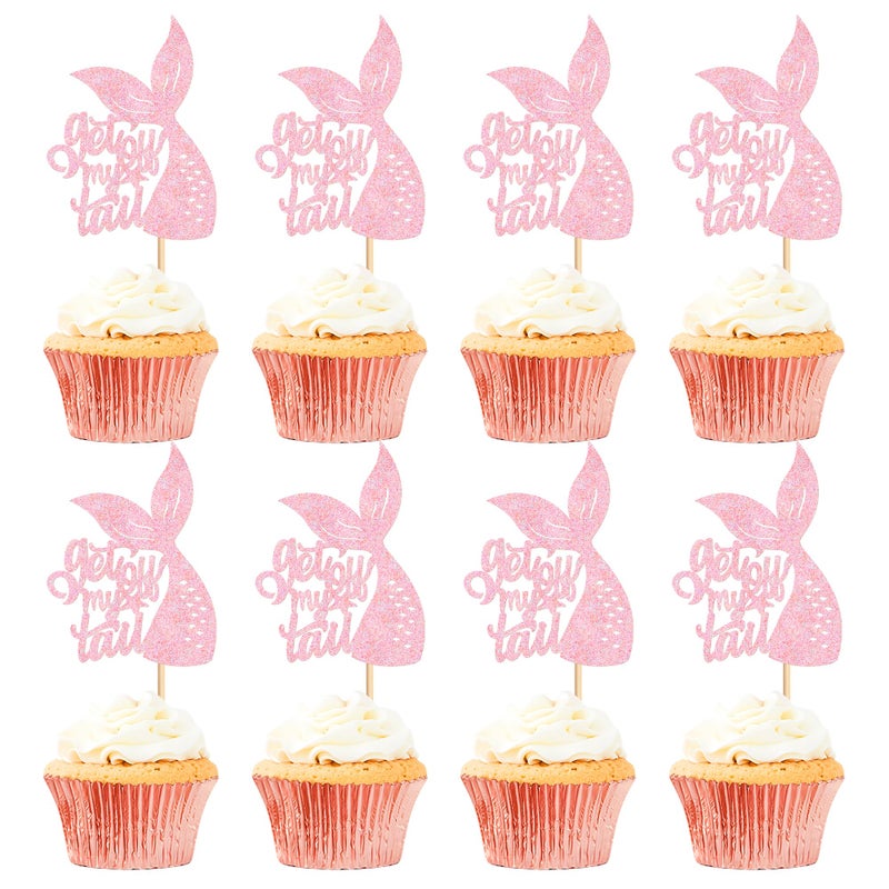 Ercadio 24Pcs Glitter Pink Mermaid Tail Cupcake Toppers and Cake Decoration Picks for Ocean Theme Baby Shower Kids Birthday Party Supplies - Image 1