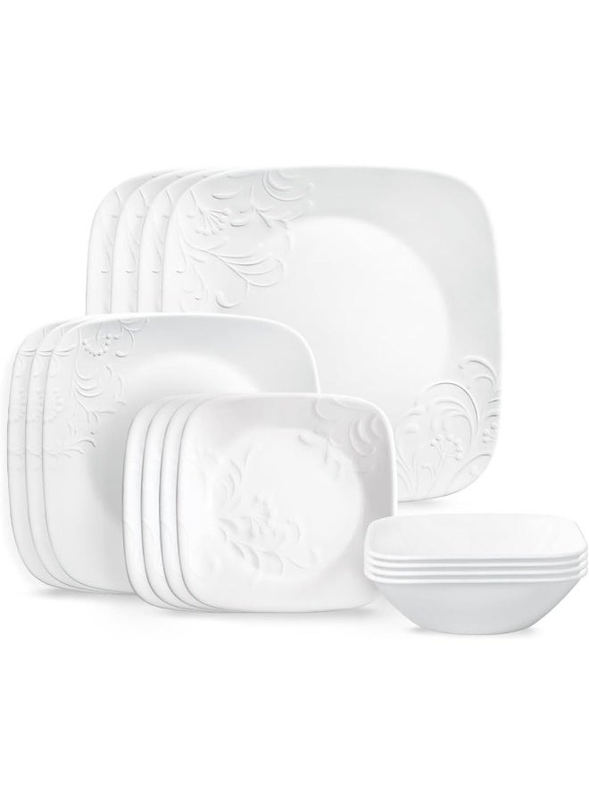 Corelle طقم أدوات المائدة كوريل تشاريش 16 قطعة خدمة لـ 4 8 أطباق 8 سلطانيات مقاوم للكسر باللون الأبيض كوريل وير