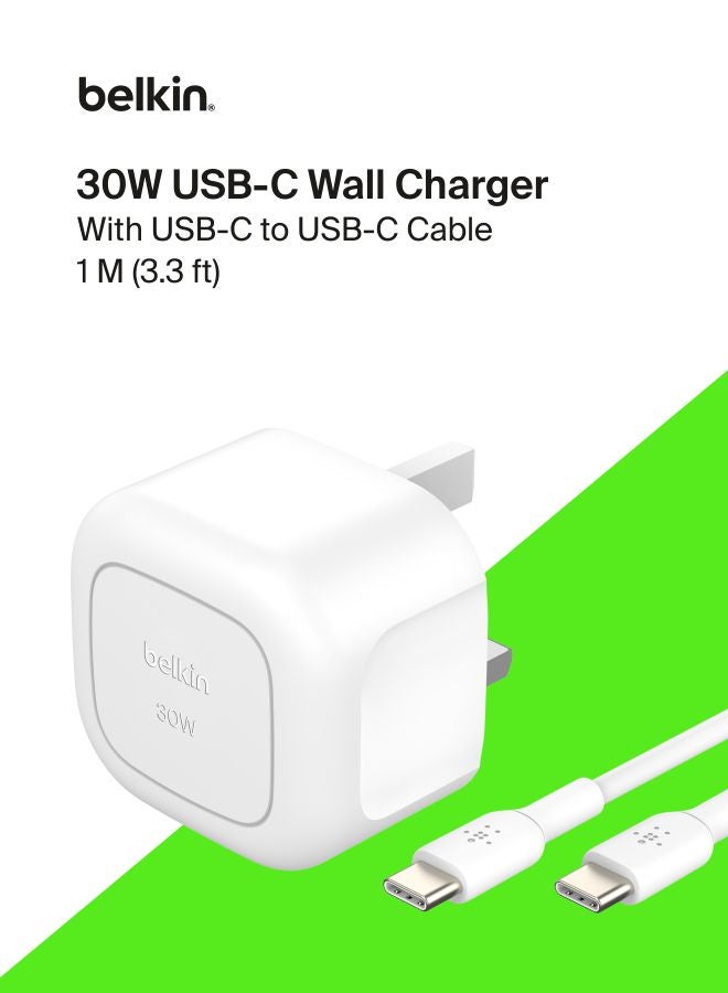 بيلكين شاحن حائط مضغوط BoostCharge بقوة 30 واط، شحن سريع عبر USB-C مناسب للسفر لأجهزة Apple iPhone وSamsung Galaxy وiPad وAirPods والأجهزة اللوحية والمزيد مع كابل USB-C إلى USB-C - Image 1