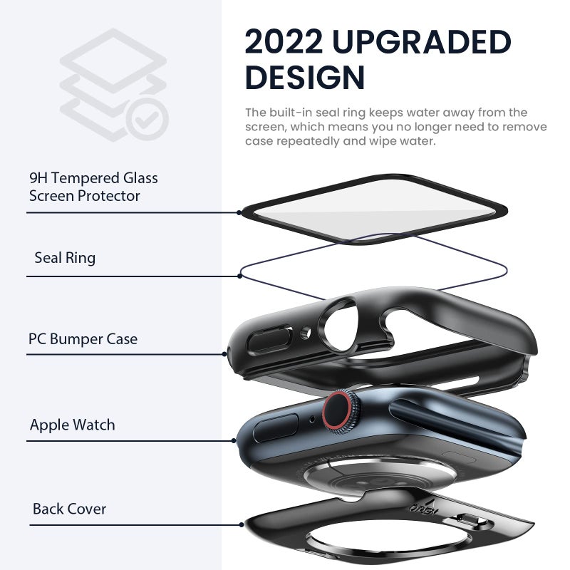 Tensea (2 in 1) for Waterproof Apple Watch Screen Protector Case 45mm Series 9/8/7 Accessories, 360 Front and Back, iWatch PC Face Cover with Tempered Glass for Women Men, 45 mm - Image 3