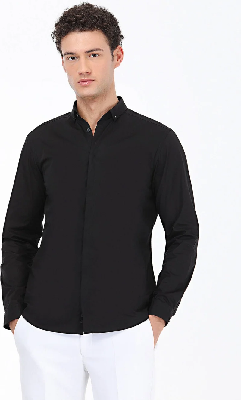 Kip Black Plain Slim Fit Woven Classic 100% Cotton Shirt