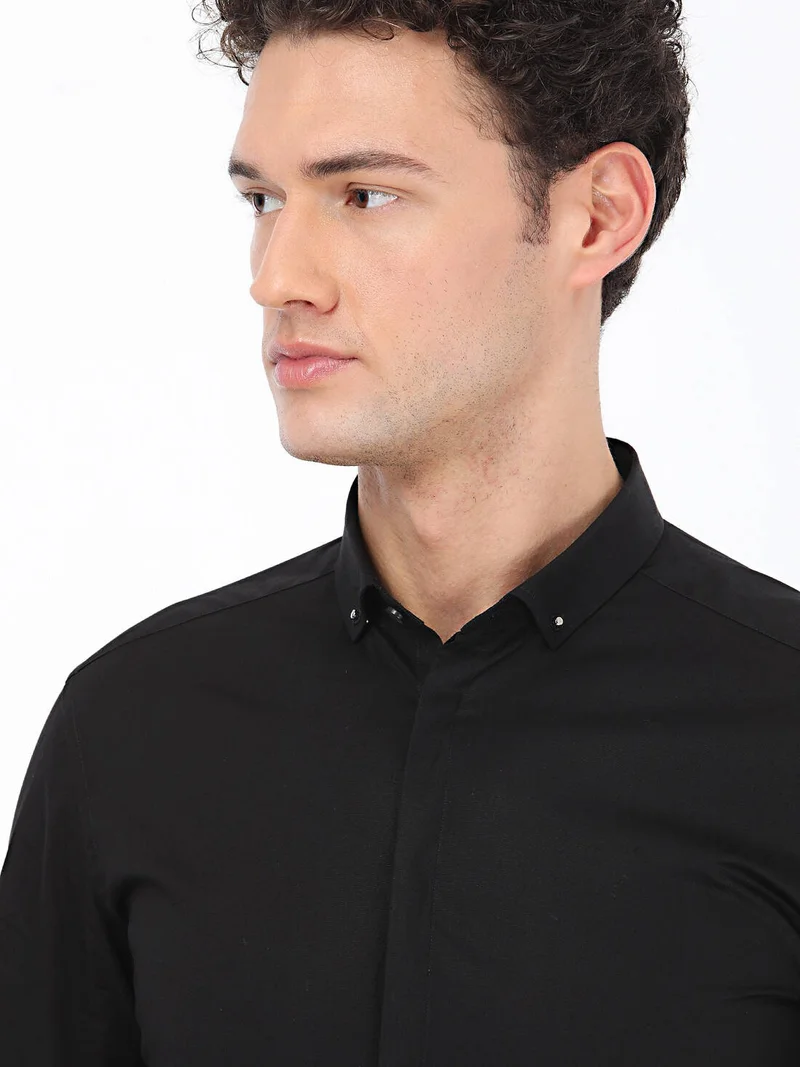 Kip Black Plain Slim Fit Woven Classic 100% Cotton Shirt