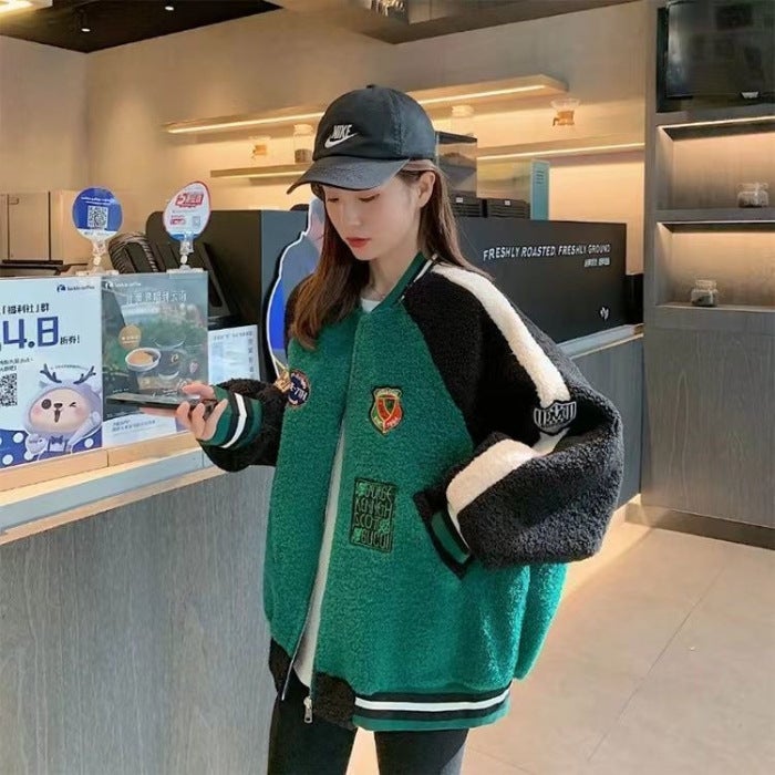 Jacket coat womens autumn and winter 2024 new lamb fleece design casual top temperament short baseball suit tide Green 