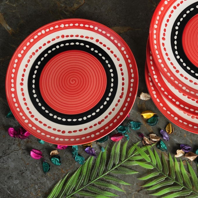 CERAMIC HANDMADE STONEWARE RED DOTTED QUARTER PLATE 7SET OF 4 DISHWASHER MICROWAVE SAFE