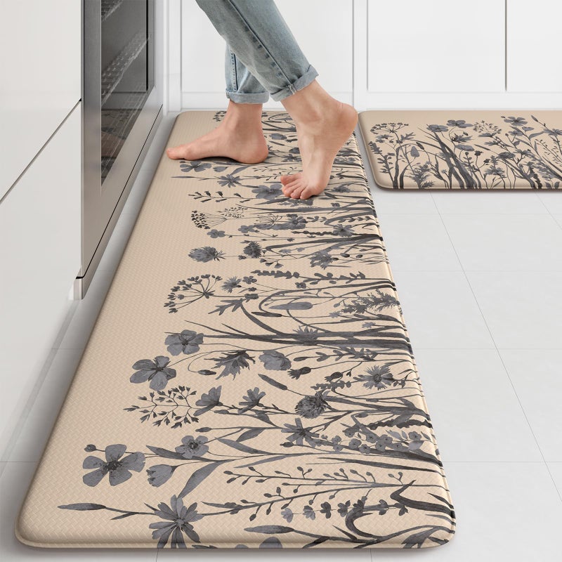 KIMODE Anti Fatigue Kitchen Mats for Floor, Farmhouse Kitchen Rugs Sets of 2, Cushioned Kitchen Floor Mats, Comfort Standing Mat for Sink, Laundry, Office, Desk Brown/Grey 17"x47"+17"x29" - Image 1