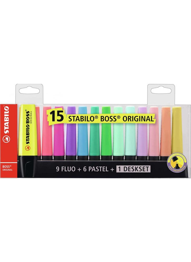 STABILO Boss Original Deskset Marking Pen Desk Set 9 Highlighters 6 Pastels 15 Colors  - Image 1
