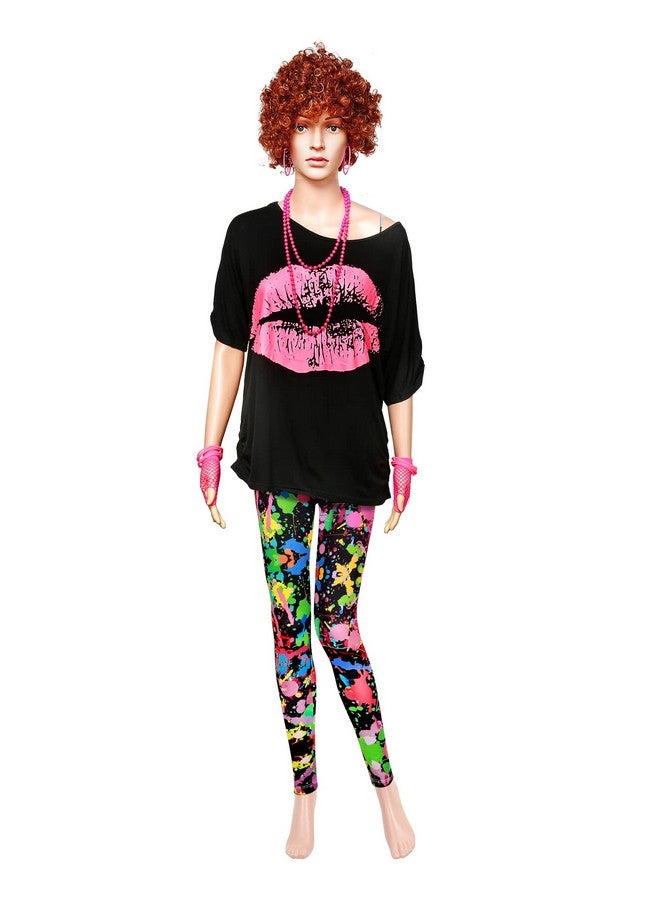 Blulu 80s Women Costume Set, T Shirt, Legging Pants Earring Necklace Gloves Bracelet (Large, Short Sleeve Spray Printing) - Image 3