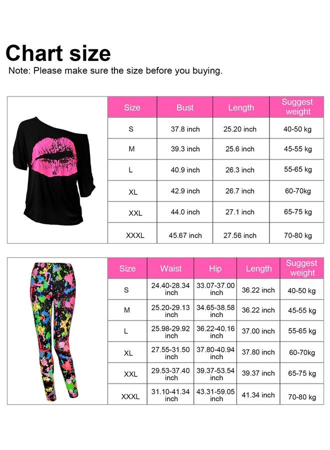 Blulu 80s Women Costume Set, T Shirt, Legging Pants Earring Necklace Gloves Bracelet (Large, Short Sleeve Spray Printing) - Image 1