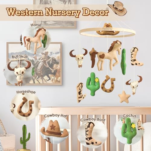 Teeloray Baby Mobile for Crib Western Cowboy Crib Mobile for Boys and Girls Handmade Western Baby Stuff Cowboy Nursery Decor for Infant Bedroom Vintage Cowgirl Room Decor Gender Neutral Newborn Gift - Image 3
