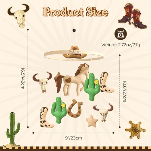 Teeloray Baby Mobile for Crib Western Cowboy Crib Mobile for Boys and Girls Handmade Western Baby Stuff Cowboy Nursery Decor for Infant Bedroom Vintage Cowgirl Room Decor Gender Neutral Newborn Gift - Image 4