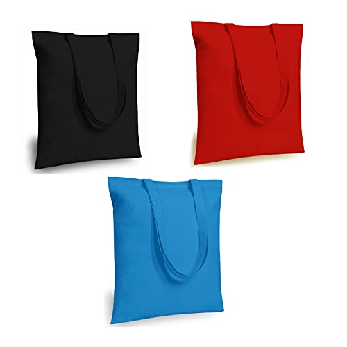 Lify Cotton Canvas Tote Bags Bulk Shopping Bag for Crafts, DIY Reusable Grocery Bag, 14 X 16 Inch – 3 Piece Pack (Black(1Pcs), Red(Pcs) & Blue (1Pcs), 14’’ (35.56 CM) x 16’’ (40.64 CM)) - Image 1