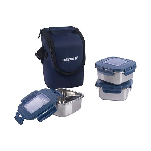 Nayasa Stainless Steel Eco Crunch 3 Office Lunch Box with 3 Containers (300 ml Each) | Airtight Leak Proof Lid | 4 Side Lock with Zipper Pouch | Blue - Image 1