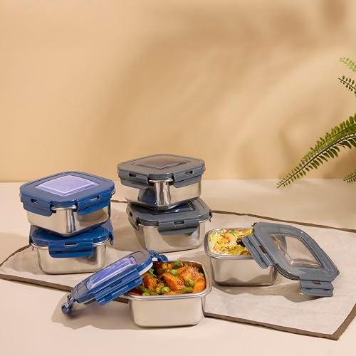 Nayasa Stainless Steel Eco Crunch 3 Office Lunch Box with 3 Containers (300 ml Each) | Airtight Leak Proof Lid | 4 Side Lock with Zipper Pouch | Blue - Image 4