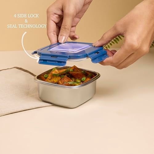 Nayasa Stainless Steel Eco Crunch 3 Office Lunch Box with 3 Containers (300 ml Each) | Airtight Leak Proof Lid | 4 Side Lock with Zipper Pouch | Blue - Image 3
