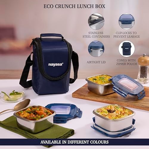 Nayasa Stainless Steel Eco Crunch 3 Office Lunch Box with 3 Containers (300 ml Each) | Airtight Leak Proof Lid | 4 Side Lock with Zipper Pouch | Blue - Image 2