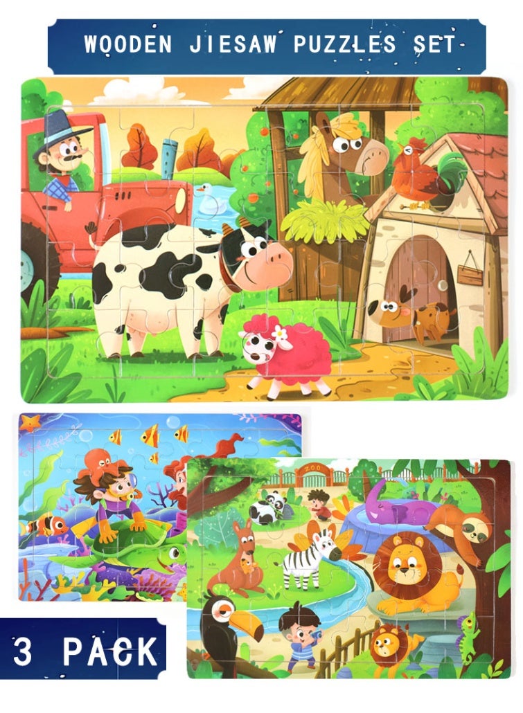 3 Pack Animal Jigsaw Puzzles Set, Wooden Toddlers Puzzles Toys for Kids Ages 1-5, Preschool Learning Toys Boys Girls Gifts,3*24 pieces - Image 1