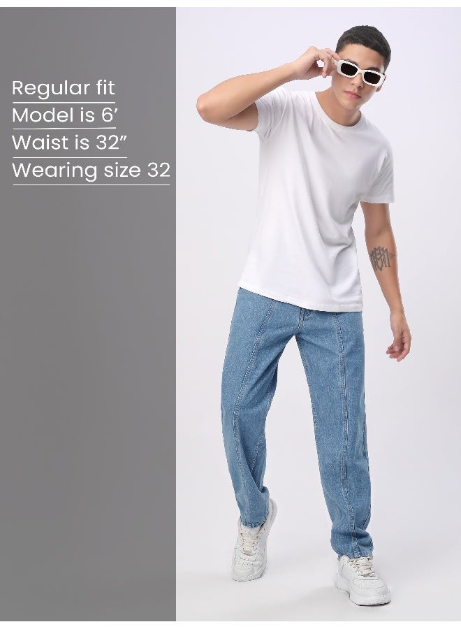 Beyoung Soft Blue Cut and Sew Baggy Fit Jeans for men  - Image 4