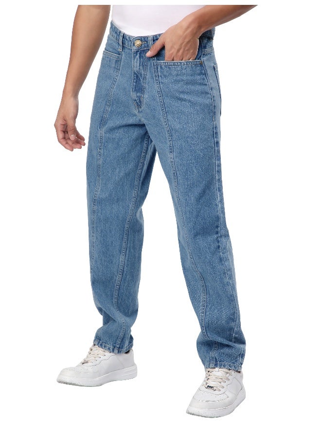 Beyoung Soft Blue Cut and Sew Baggy Fit Jeans for men  - Image 3