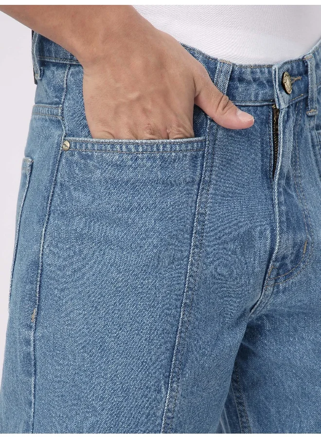 Beyoung Soft Blue Cut and Sew Baggy Fit Jeans for men