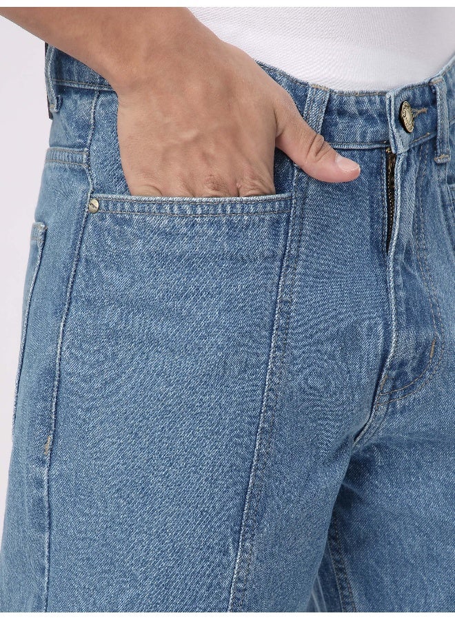 Beyoung Soft Blue Cut and Sew Baggy Fit Jeans for men  - Image 5