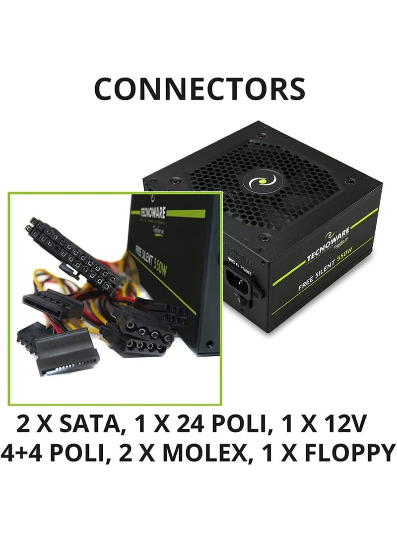 TECNOWARE مزود طاقة Tecnoware ATX 550W لجهاز الكمبيوتر - مروحة صامتة 12 سم - الموصلات 2 × SATA، 1 × 24 دبوس، 1 × 12V 4 + 4 دبوس، 2 × Molex، 1 × Floppy - Image 5
