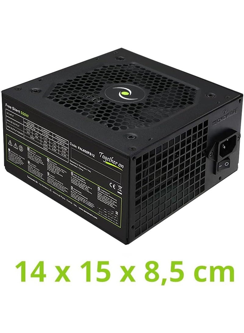 TECNOWARE مزود طاقة Tecnoware ATX 550W لجهاز الكمبيوتر - مروحة صامتة 12 سم - الموصلات 2 × SATA، 1 × 24 دبوس، 1 × 12V 4 + 4 دبوس، 2 × Molex، 1 × Floppy - Image 3