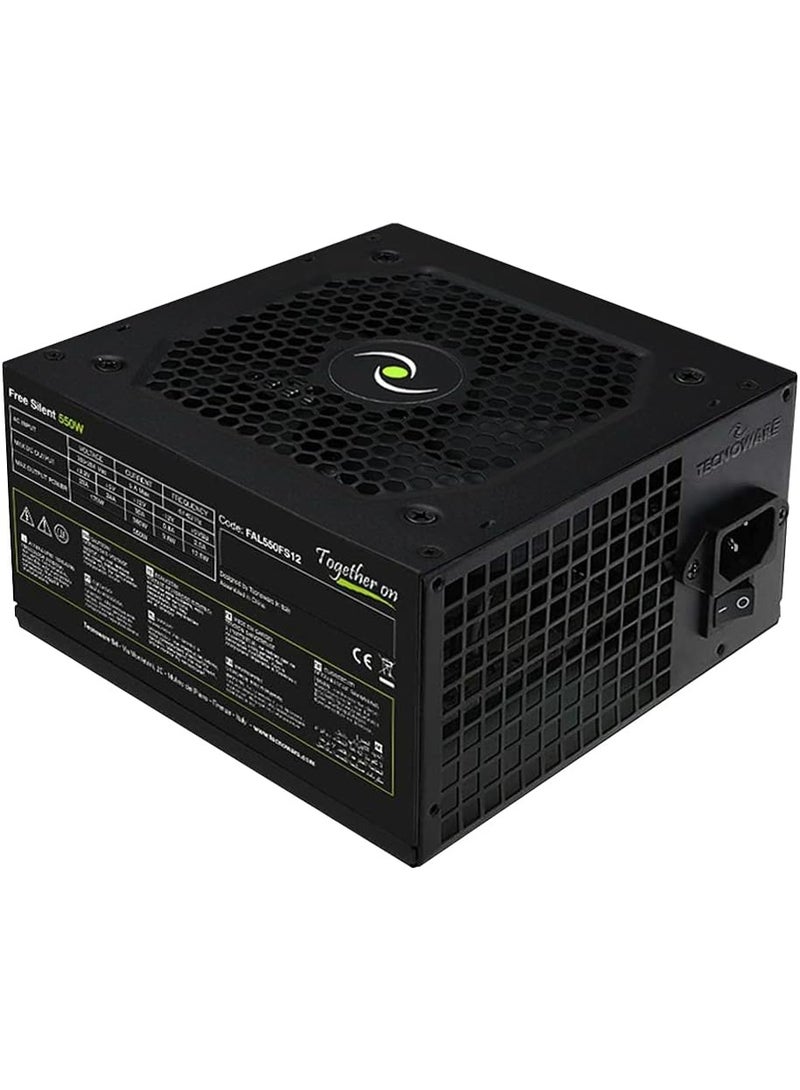 TECNOWARE مزود طاقة Tecnoware ATX 550W لجهاز الكمبيوتر - مروحة صامتة 12 سم - الموصلات 2 × SATA، 1 × 24 دبوس، 1 × 12V 4 + 4 دبوس، 2 × Molex، 1 × Floppy - Image 1