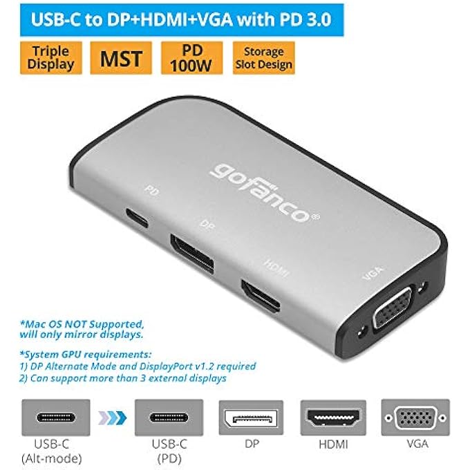 gofanco USB-C MST SINGLE/DUAL/TRIPLE VIDEO DISPLAY LAPTOP DOCKING STATION (THUNDERBOLT 3 COMPATIBLE HUB/DOCK) W/ HDMI/DISPLAYPORT/VGA MONITOR ADAPTER (DP ALT-MODE REQUIRED) USB-C DATA/PD CHARGING PORT - Image 2