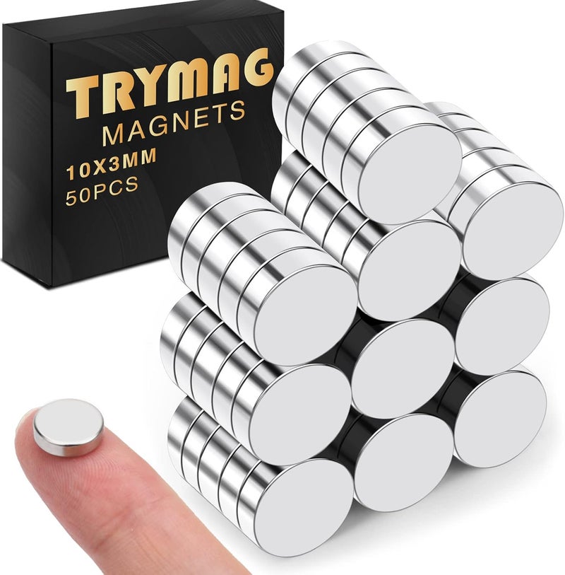TRYMAG Small 10x3mm Rare Earth Magnets, 50Pcs Strong Neodymium Tiny Round Fridge Magnets for Whiteboard, Refrigerator, DIY, Kitchen, Office - Image 1