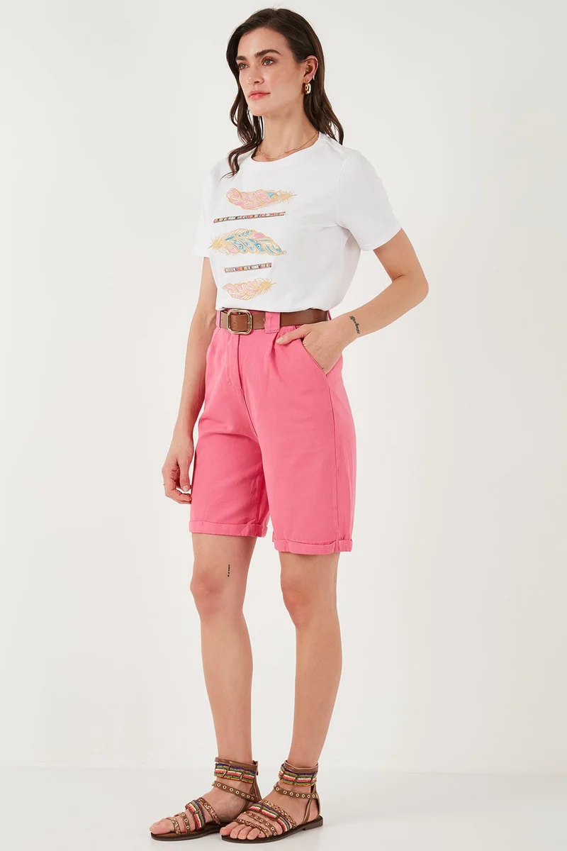 ليلا Cotton Relaxed Fit High Waist Belted Gabardine Short Women's Shorts 668YP4710