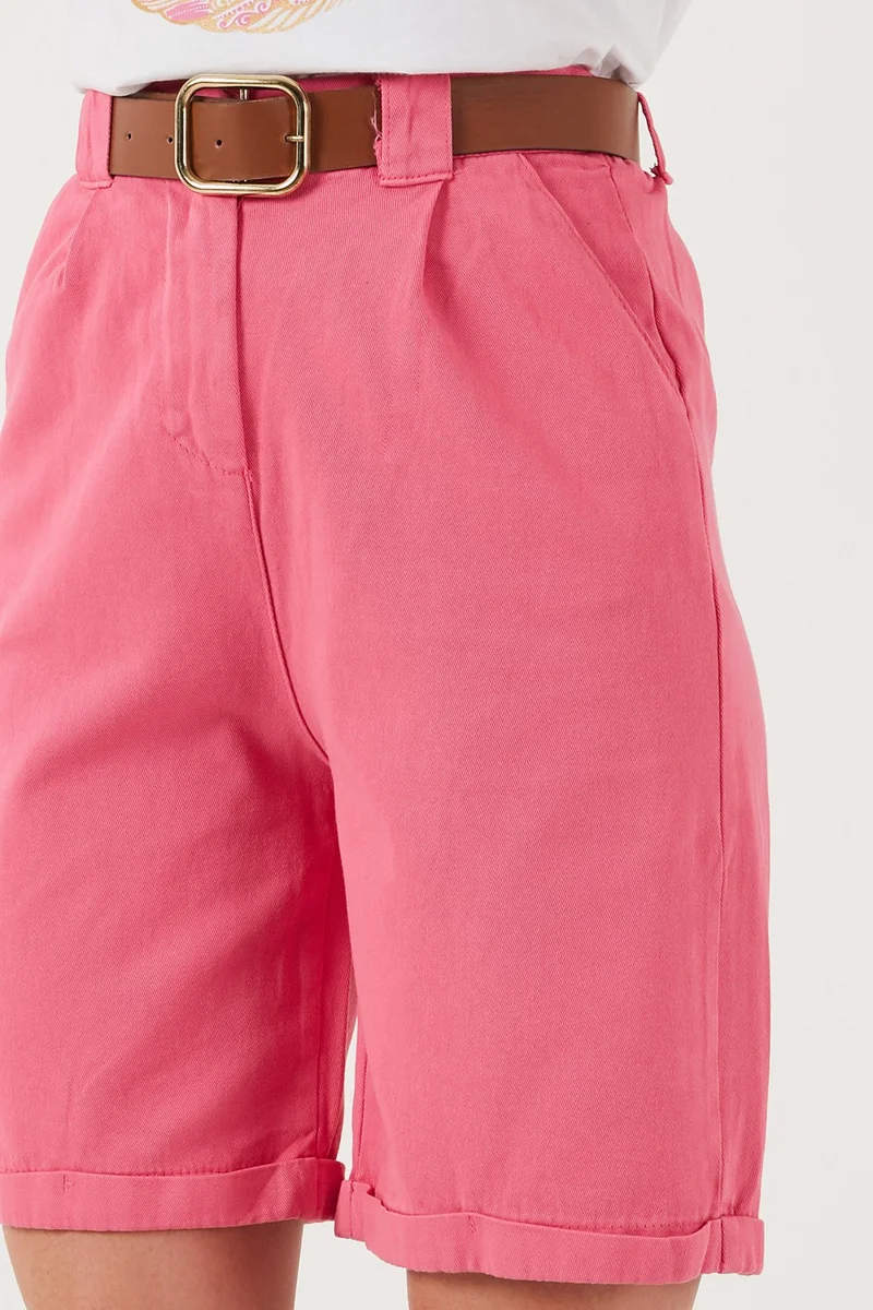 ليلا Cotton Relaxed Fit High Waist Belted Gabardine Short Women's Shorts 668YP4710