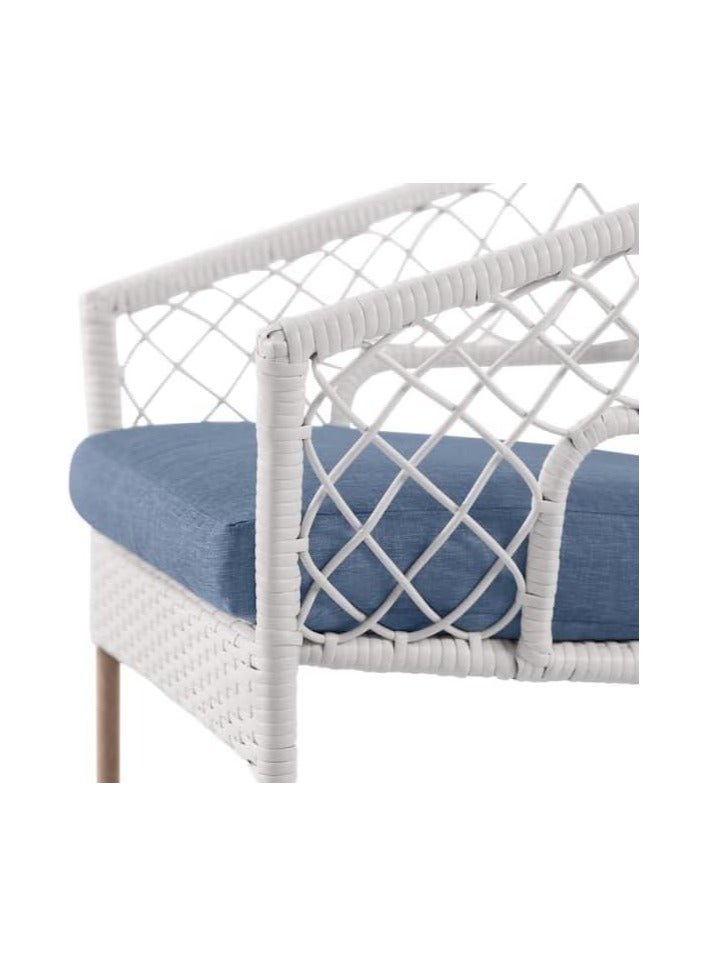 Harmony Home طقم بيسترو خارجي من الروطان 3 قطع - أثاث فناء أبيض مع وسائد زرقاء بحيرة - طاولة وكراسي للبالكون والفناء والتراس والمقهى - Image 4